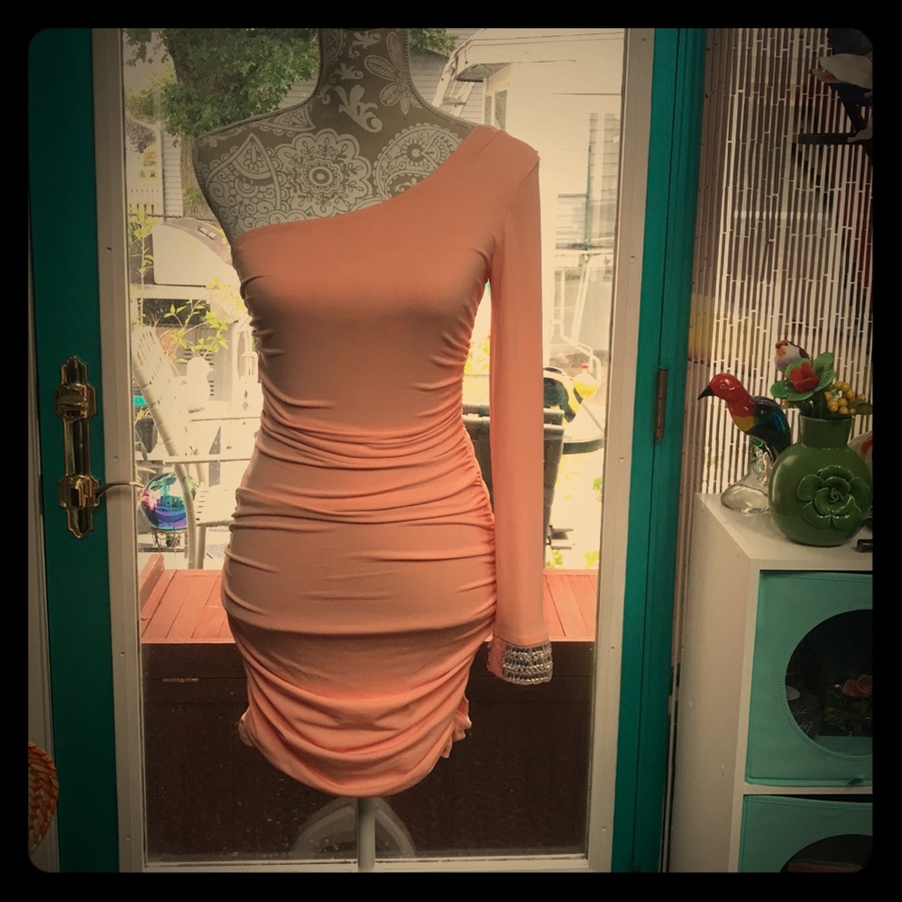 Ruched one shoulder peach dress
